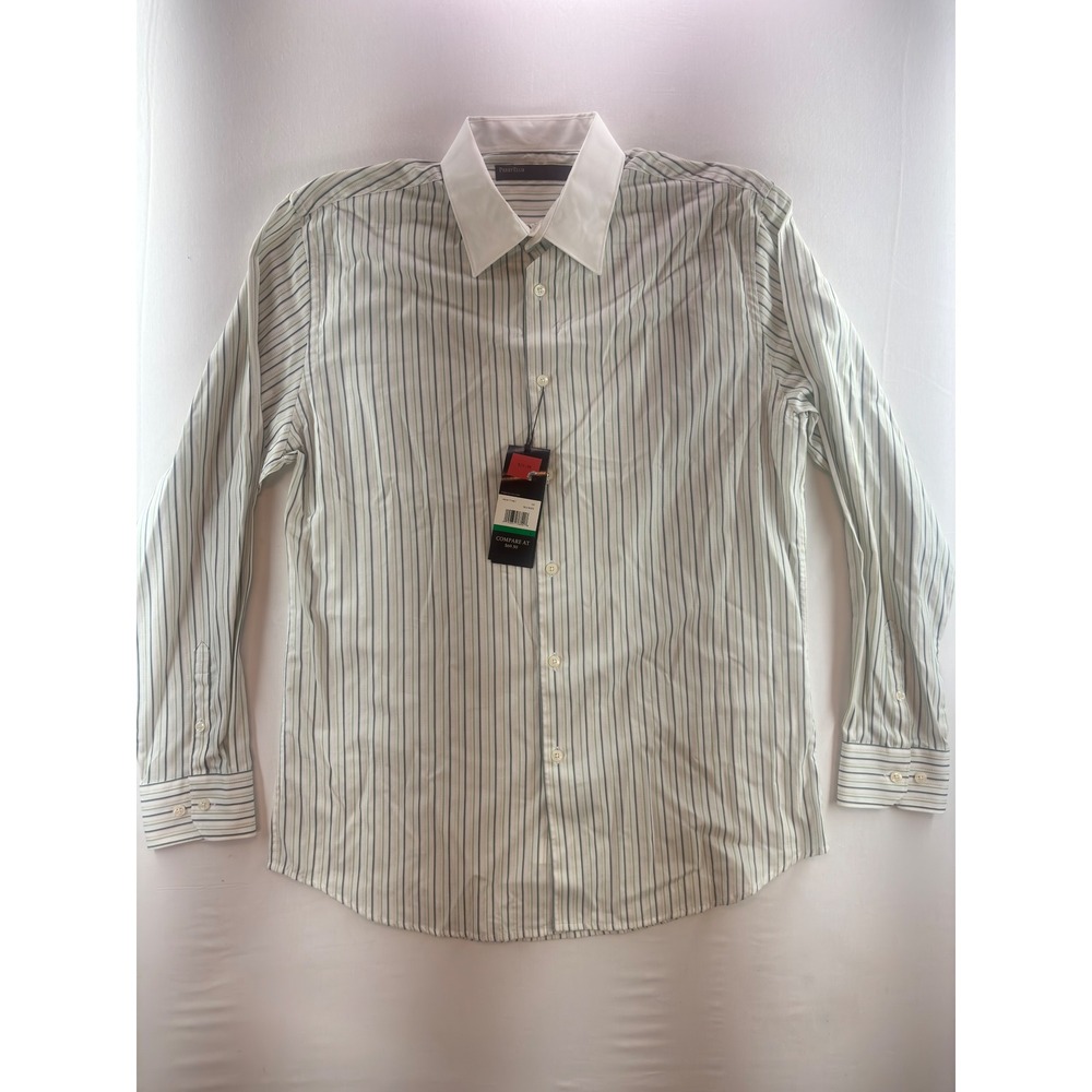 NWT Perry Ellis Mens Large White Green Striped Long Sleeve Button up Shirt 49SW7